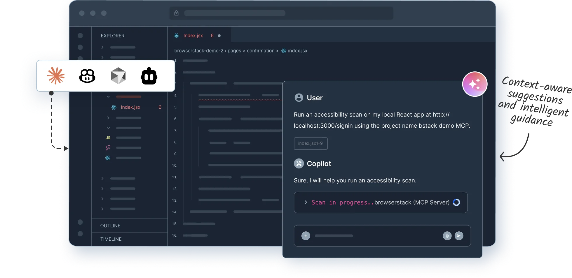 Developer using AI copilot to scan a React app for accessibility issues using BrowserStack