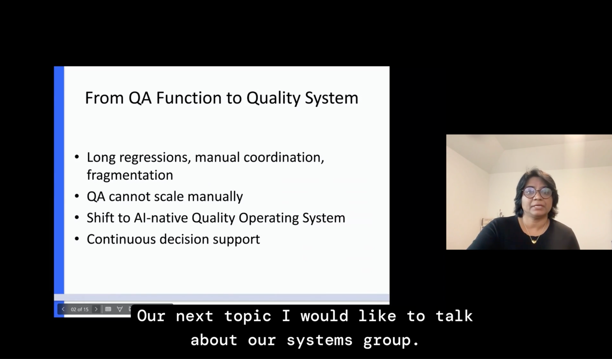 Presentation slide titled From QA Function to Quality System with four bullet points: Long regressions, manual coordination, fragmentation; QA cannot scale manually; Shift to AI-native Quality Operating System; Continuous decision support. Speaker Mary Jinugu, Senior Software Engineering Manager at Teladoc Health, is visible on the right.