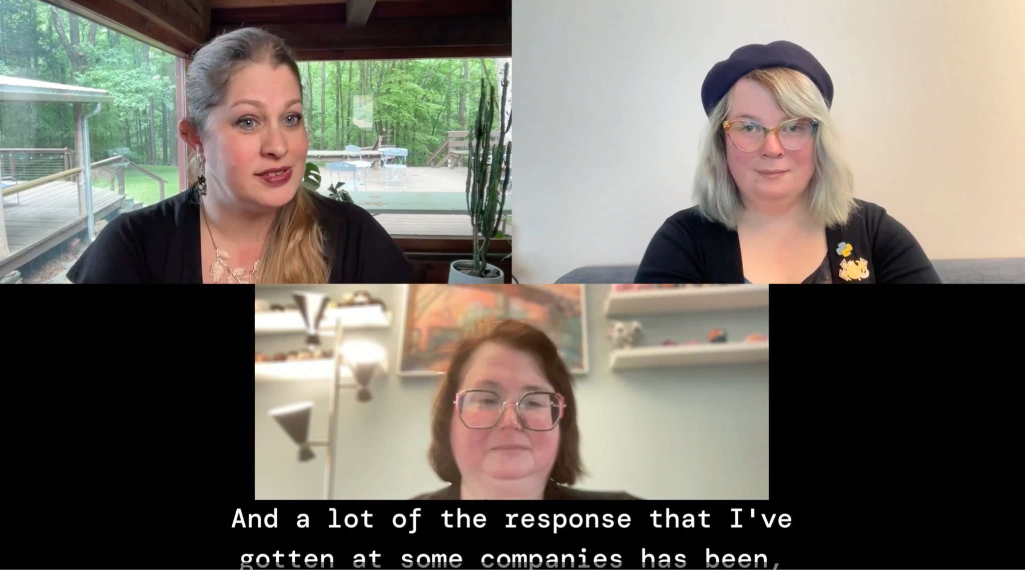 Panel discussion screenshot showing Jenny Bramble, Sr Manager of Quality Assurance Engineering at AvidXchange, Sophia McKeever, Senior SDET, and Jenna Charlton, Developer Advocate at BrowserStack. On-screen subtitle reads: And a lot of the response that I've gotten at some companies has been.