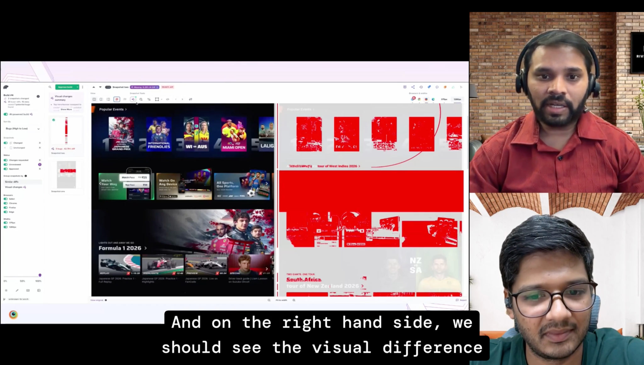 Session screenshot showing a visual regression tool demo with red highlighting indicating layout differences between two versions of a webpage. Speakers Harit Narke, Lead Software Engineer at Mastercard, and Ashish Kona, Product Growth Manager at BrowserStack, are visible on the right. On-screen subtitle reads: And on the right hand side, we should see the visual difference.