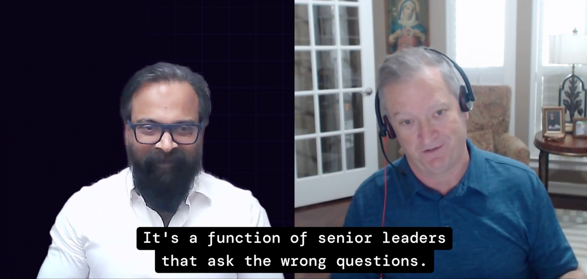Fireside chat screenshot showing Richard Hand, Assistant VP at Genpact, and Ajesh Viswambharan, Director of Quality Engineering at BrowserStack. On-screen subtitle reads: It's a function of senior leaders that ask the wrong questions.
