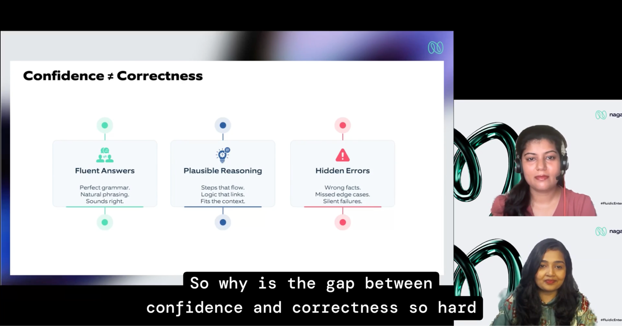 Presentation slide showing a Confidence does not equal Correctness framework with three columns: Fluent Answers, Plausible Reasoning, and Hidden Errors. Speakers Deepshikha and Anamika Mukhopadhyay, both Associate Directors at Nagarro, are visible on the right.