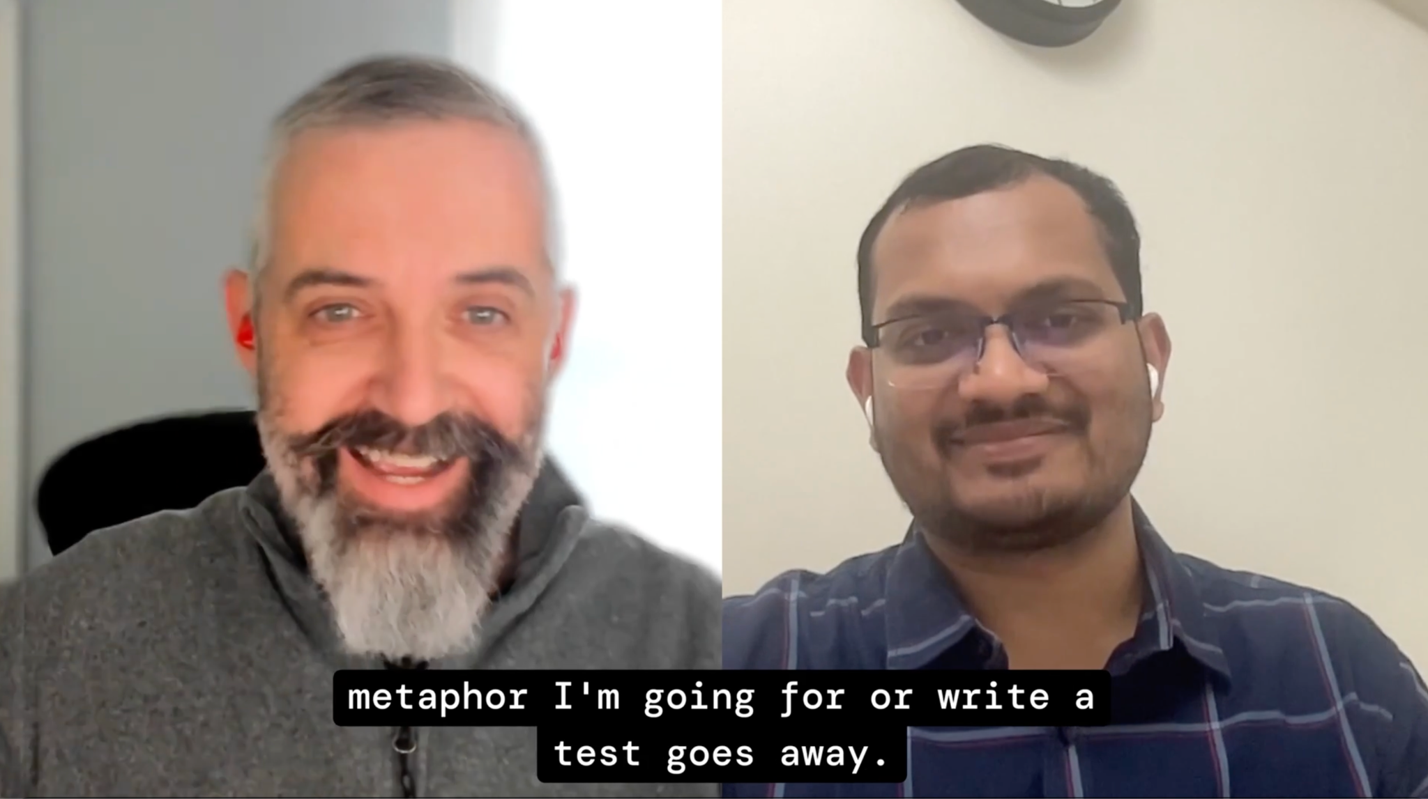 Fireside chat screenshot showing Jason Huggins, co-creator of Selenium and founder of Vibium, and Akhil Gundawar, Director of Product Management at BrowserStack. On-screen subtitle reads: metaphor I'm going for or write a test goes away.