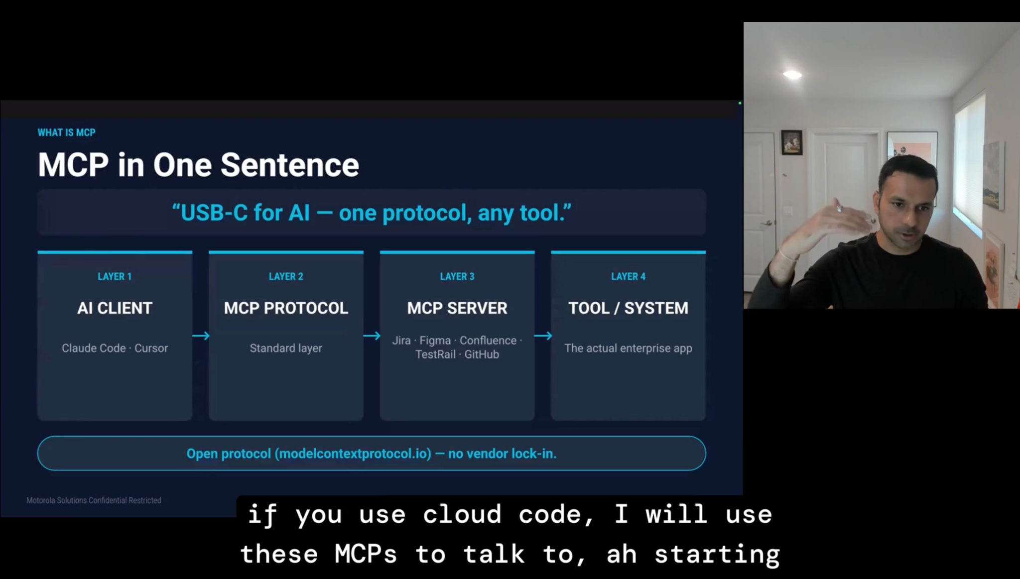 Presentation slide titled MCP in One Sentence with the tagline USB-C for AI, one protocol, any tool. Shows four layers: AI Client (Claude Code, Cursor), MCP Protocol, MCP Server (Jira, Figma, Confluence, TestRail, GitHub), and Tool/System. Speaker Suneet Malhotra, Senior Manager of Test Engineering at Motorola Solutions, is visible on the right.