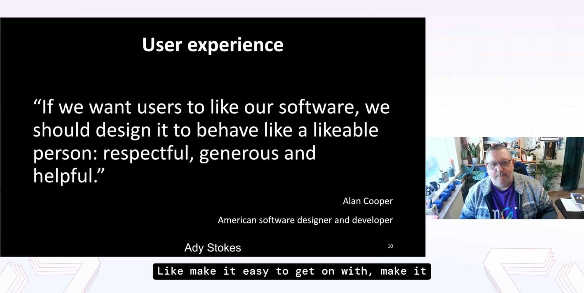Presentation screenshot showing Ady Stokes, Accessibility Advocate, presenting the Accessibility Quadrants framework covering compliance, readability, inclusive language, and usability.