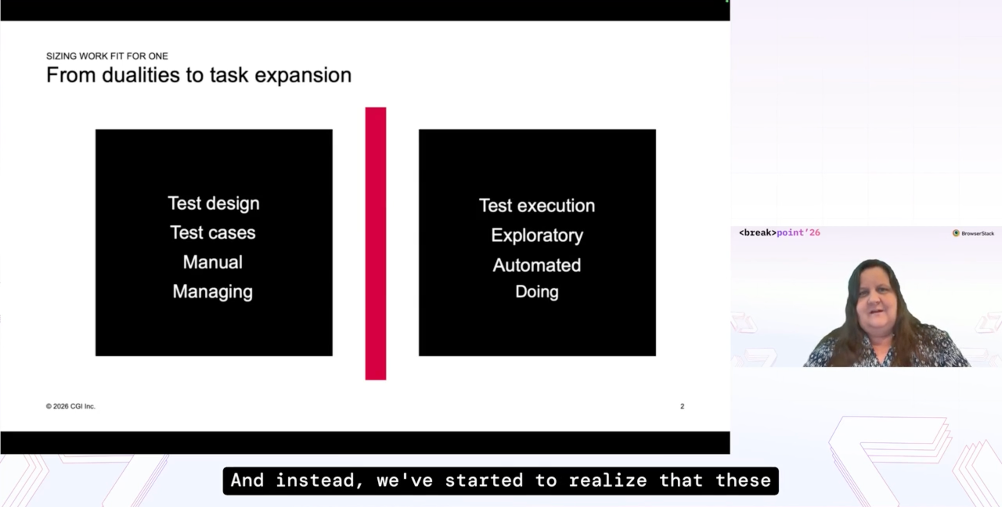 Presentation screenshot showing Maaret Pyhäjärvi, Director at CGI, presenting on reimagining exploratory testing and closing the divide between manual and automated testing.
