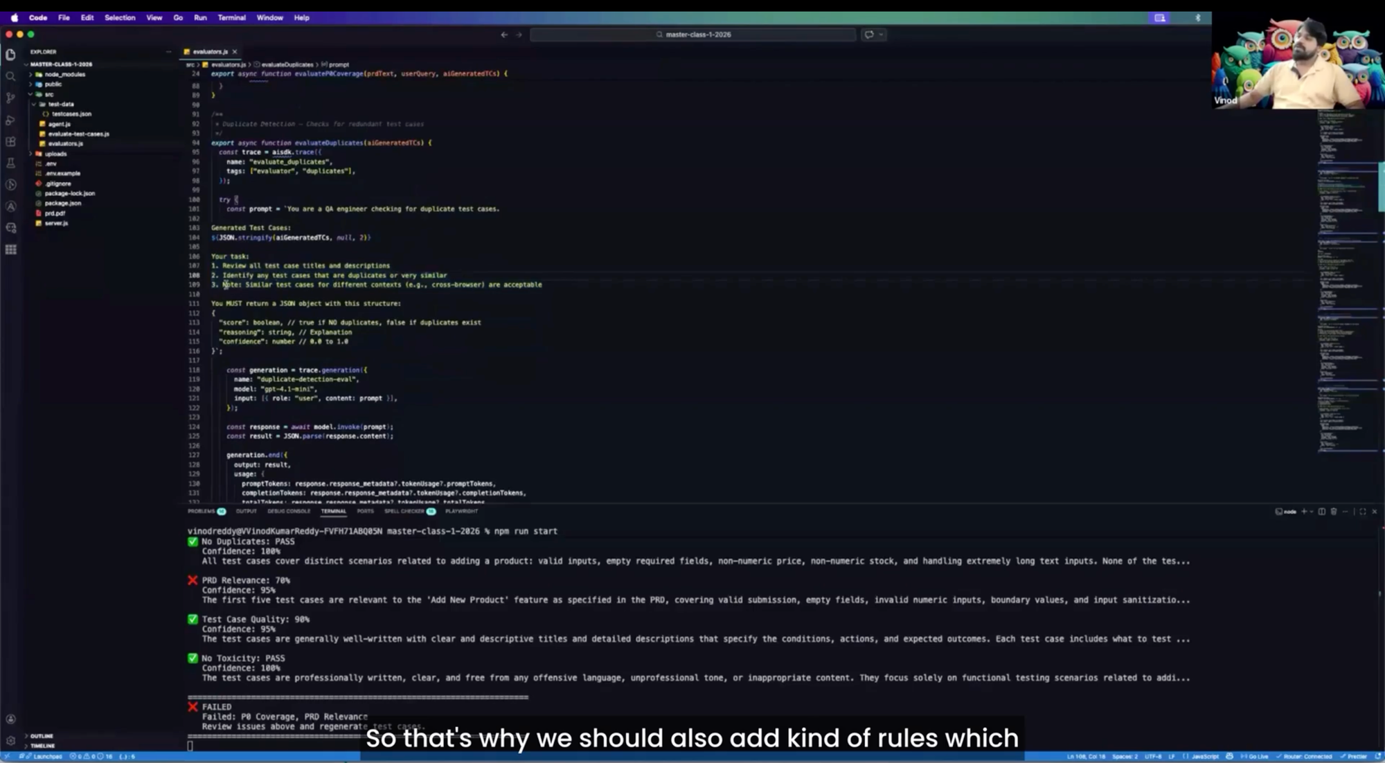 Masterclass session screenshot showing code on screen as Debasmriti Ghosh and Vinod Reddy, Sr. SDET at BrowserStack, walk through building autonomous test generation agents using LangChain and CrewAI.