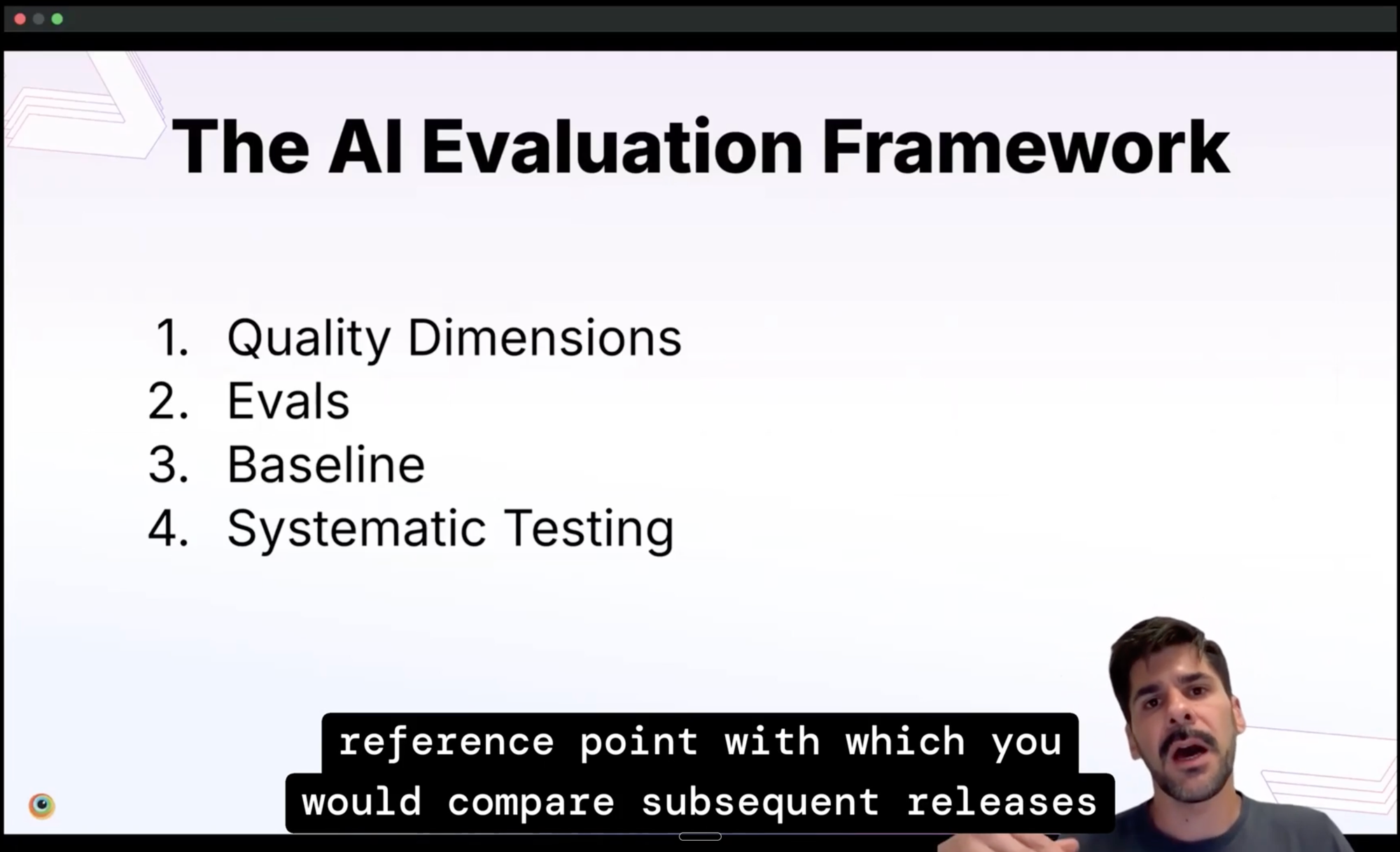 Lightning talk screenshot showing a slide titled The AI Evaluation Framework with four items: Quality Dimensions, Evals, Baseline, Systematic Testing. Speaker Elias Pardo, Quality Engineer at Leading EDJE, is visible on the right.