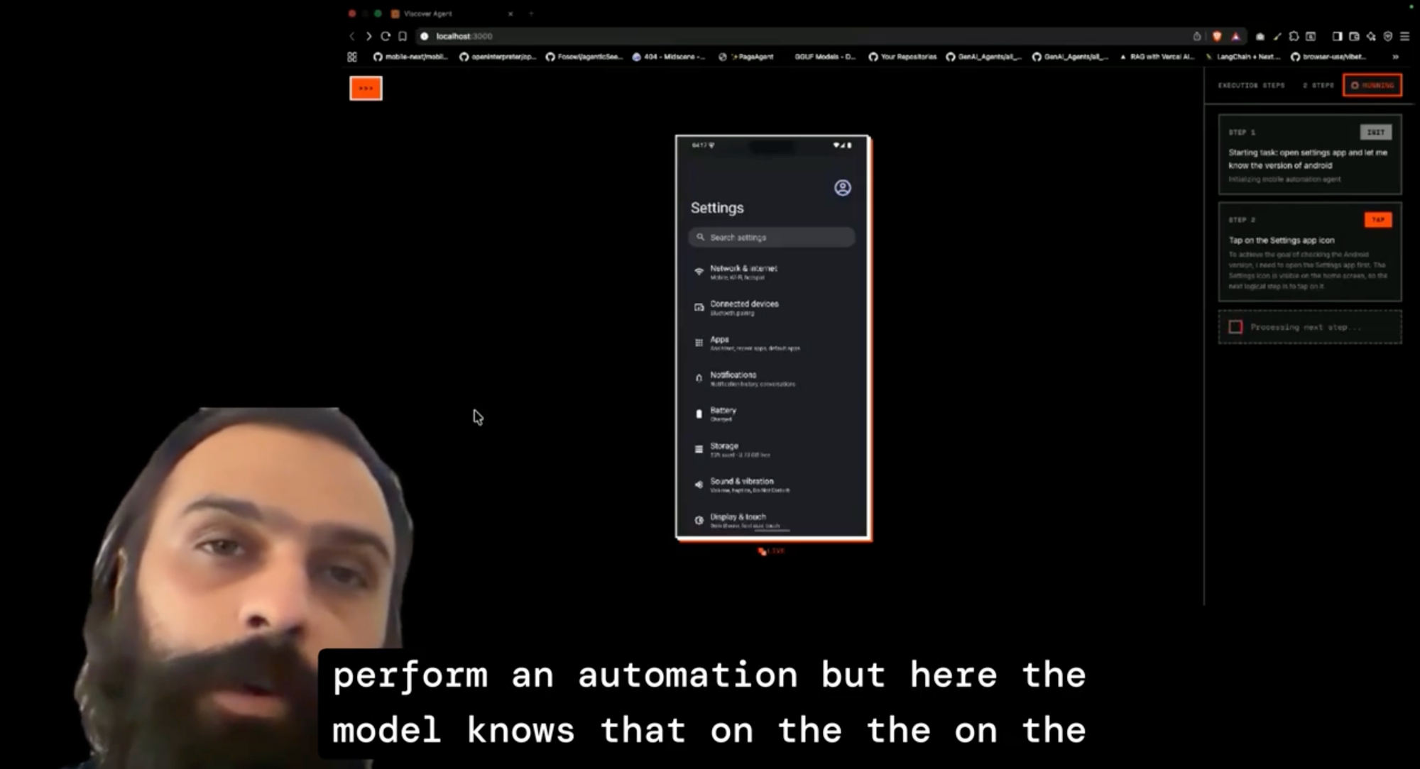 Lightning talk screenshot showing a mobile device automation demo. Speaker Ahmad Waqar, Lead Engineer for QA and Platform Automation at FYI.ai, is visible on the left.