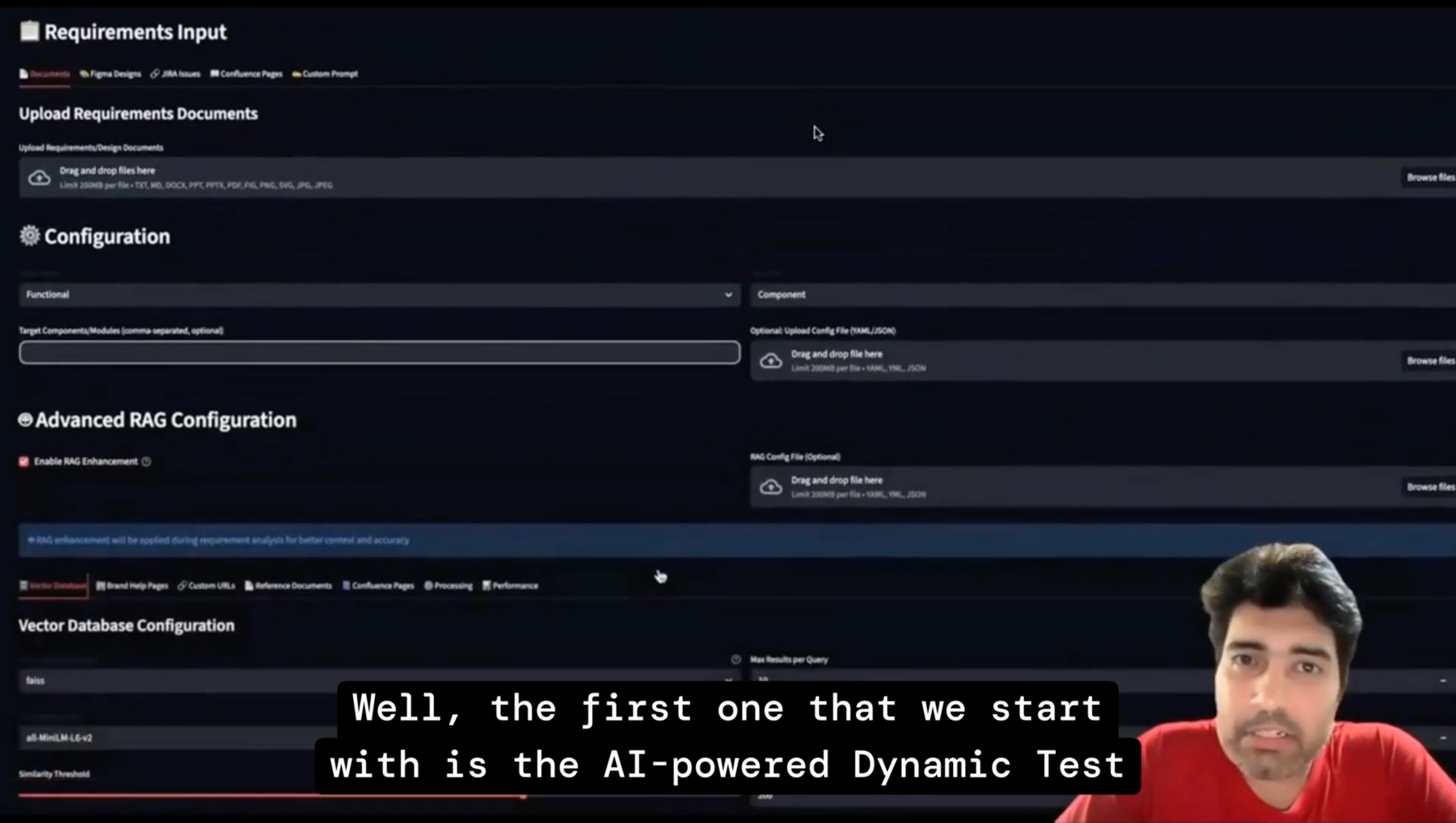 Lightning talk screenshot showing the ATLAS AI Requirements Input interface. Speaker Siddhant Wadhwani, SDET Manager and Head of AI COE at Newfold Digital, is visible on the right. On-screen subtitle reads: Well, the first one that we start with is the AI-powered Dynamic Test.