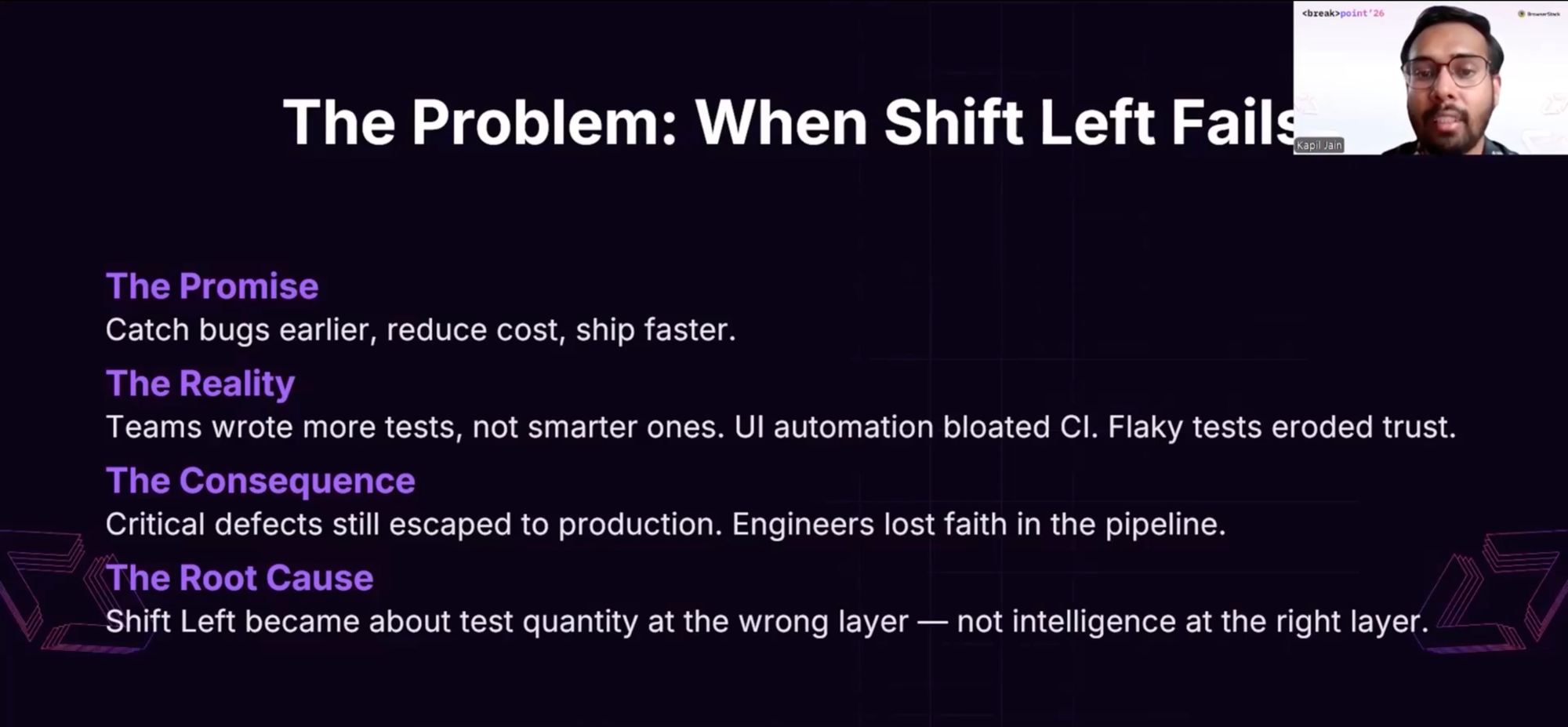 Lightning talk screenshot showing a slide titled The Problem: When Shift Left Fails, with four rows: The Promise, The Reality, The Consequence, and The Root Cause. Speaker Kapil Jain, QA Automation Engineer at PayPay India, is visible on the right.