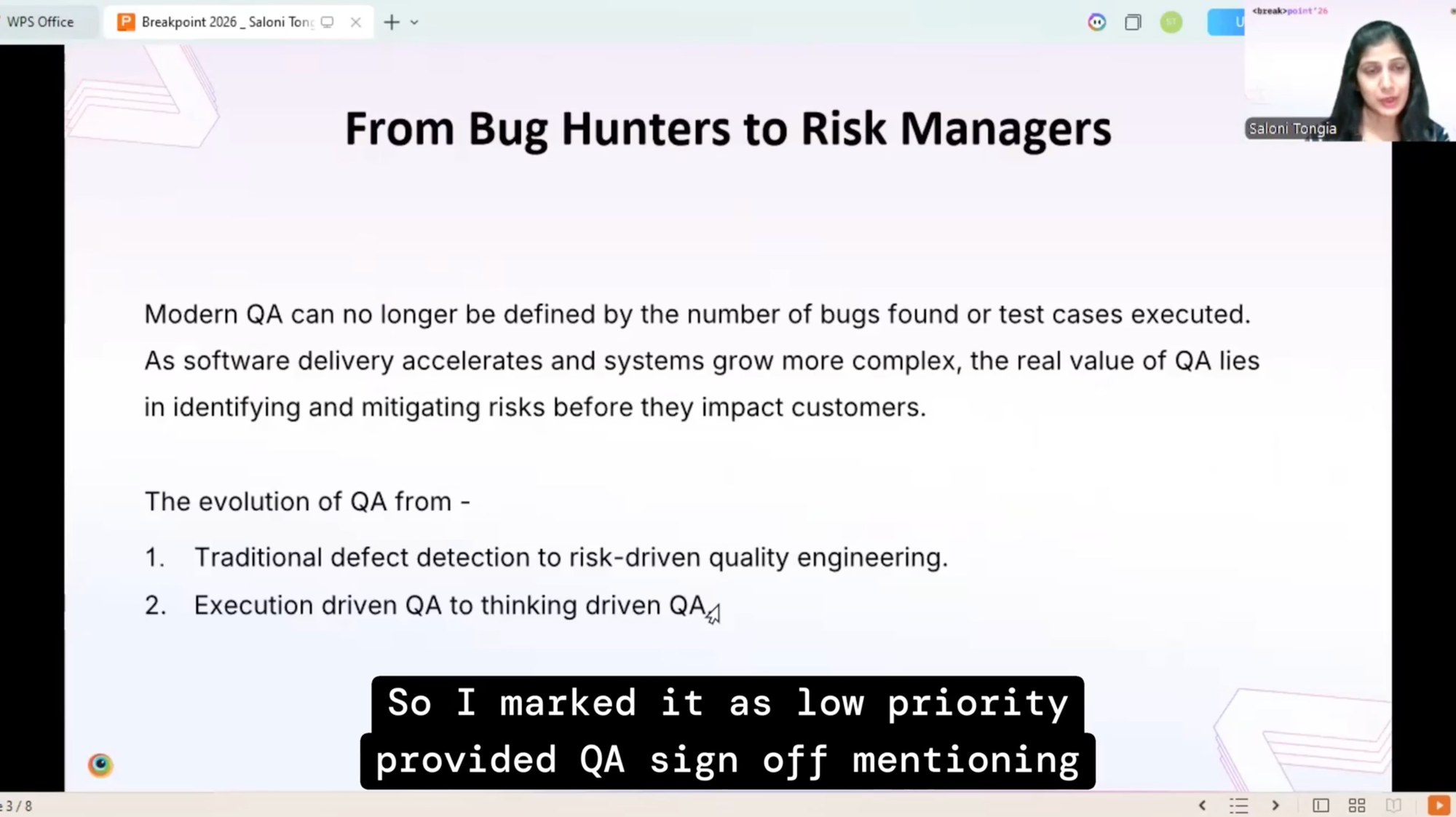 Lightning talk screenshot showing a slide titled From Bug Hunters to Risk Managers with text on the evolution of QA from traditional defect detection to risk-driven quality engineering. Speaker Saloni Tongia, Lead QA Engineer at InfoBeans, is visible on the right.