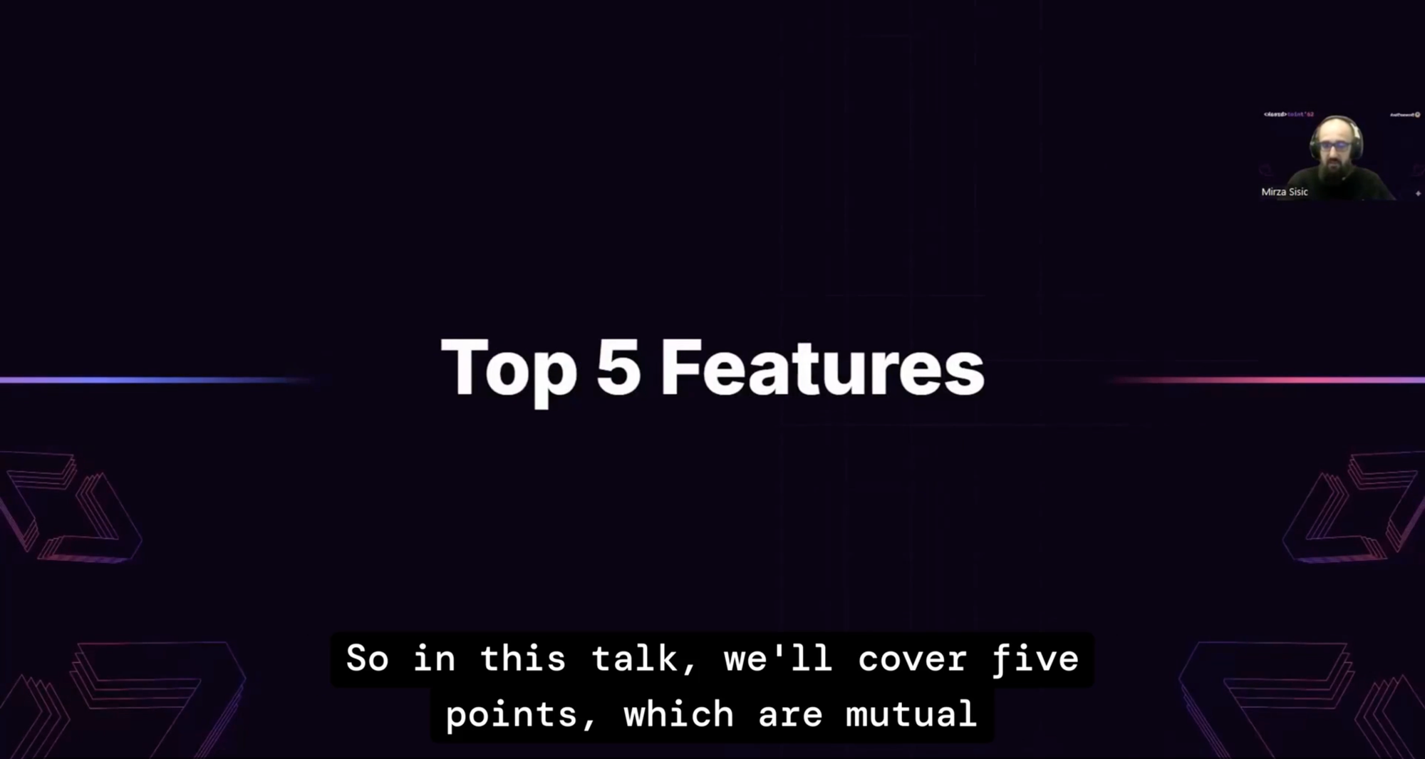 Lightning talk screenshot showing a slide titled Top 5 Features. Speaker Mirza Sisic, QA Consultant at TestOps, is partially visible. On-screen subtitle reads: So in this talk, we'll cover five points, which are mutual.
