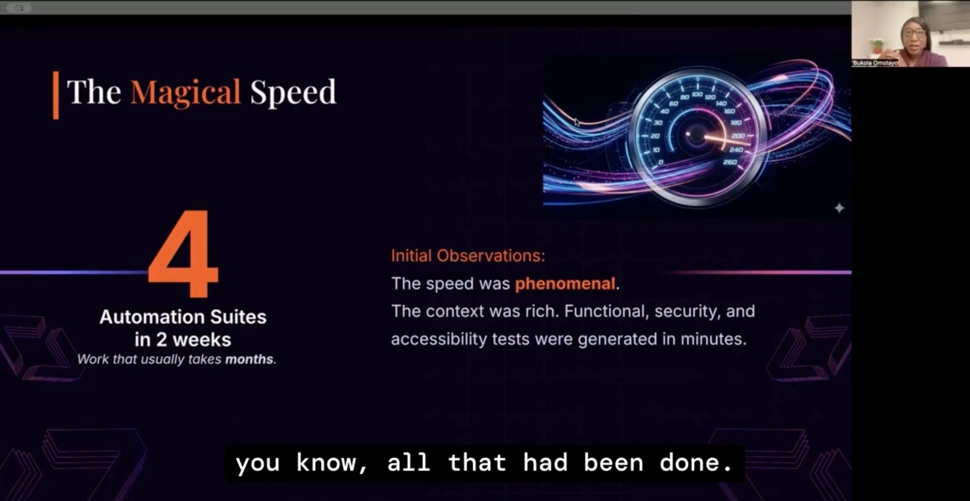 Lightning talk screenshot showing a slide titled The Magical Speed with a speedometer graphic and text showing 4 Automation Suites built in 2 weeks. Speaker Olubukola Omotayo, Director of Software and Quality Assurance at Home Trumpeter, is visible on the right.