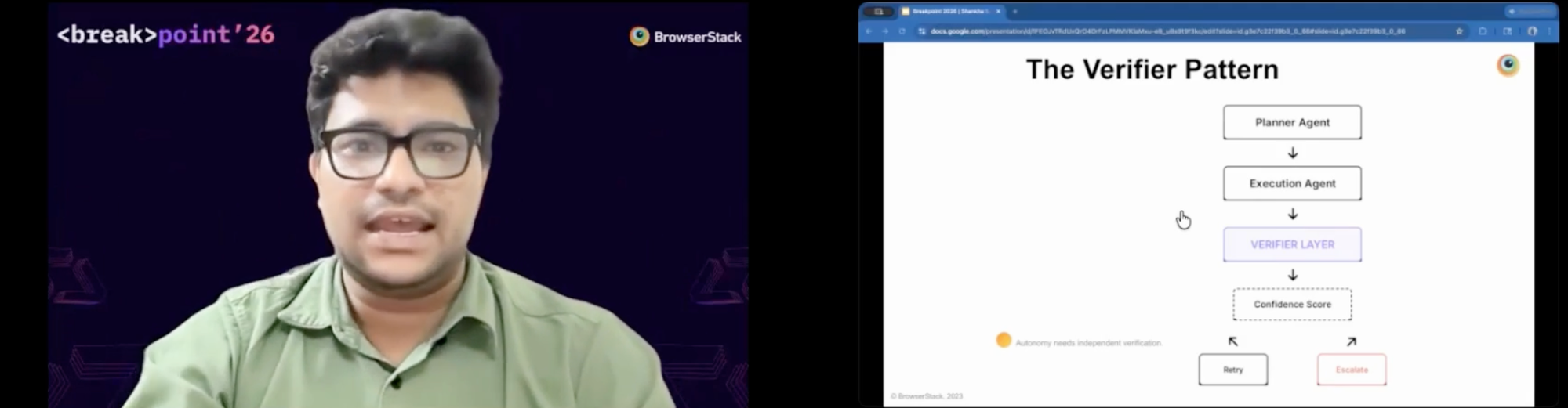 Lightning talk screenshot showing The Verifier Pattern architecture diagram with Planner Agent, Execution Agent, and Confident Error layers. Speaker Shankha Subhra Bagchi, Vice President at Blackrock, is visible on the left.
