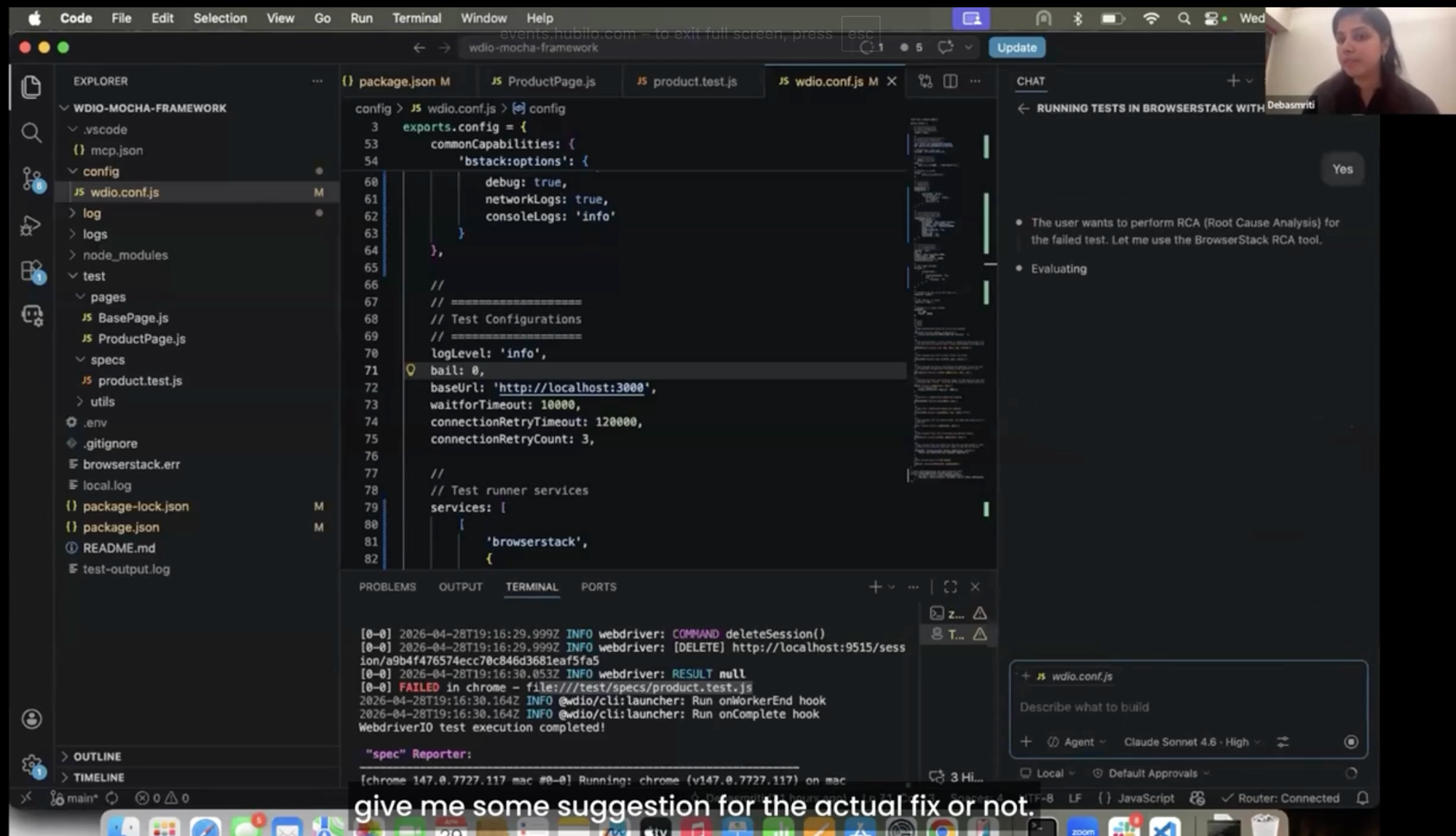 Masterclass session screenshot showing a VSCode environment as Debasmriti Ghosh and Vinod Reddy, Sr. SDET at BrowserStack, demonstrate building production-ready MCP workflows.