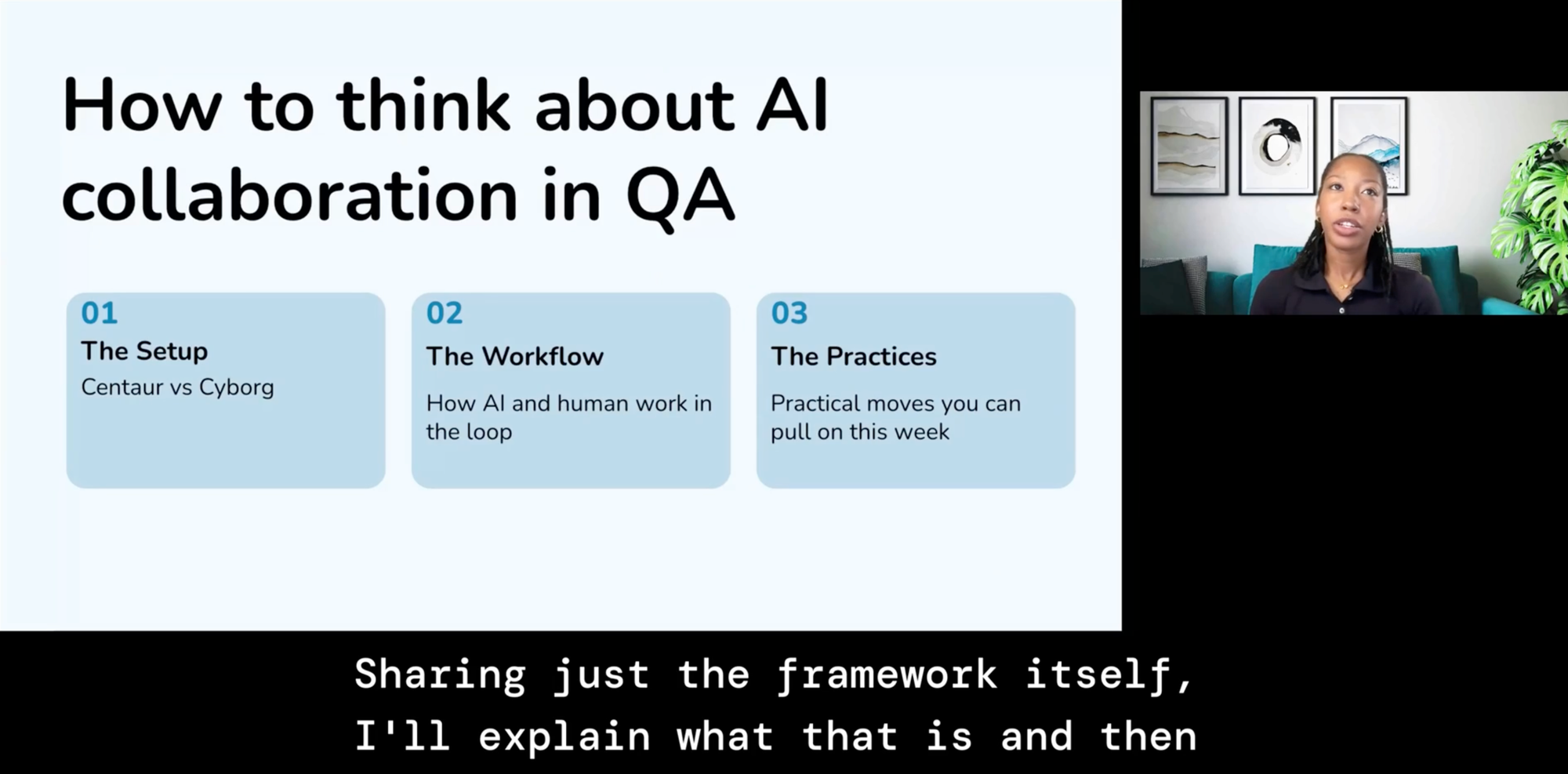 Presentation screenshot showing Brittany Stewart, Senior QA Specialist and Engineer at QualityWorks Consulting Group, presenting on human-AI collaboration in real QA workflows.