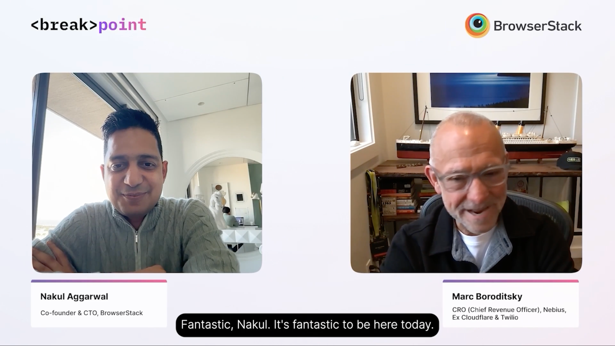 Opening keynote screenshot showing Nakul Aggarwal, CTO and Co-founder of BrowserStack, and Marc Boroditsky, Technology Leader at Nebius.