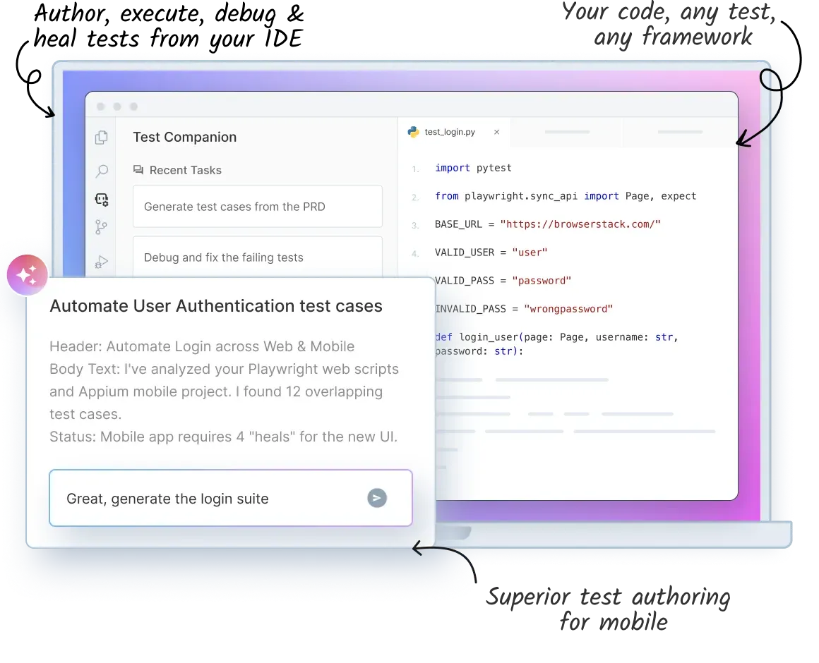 A graphic illustrating an AI-powered IDE extension called "Test Companion", annotations point to different parts of the interface: "Author, execute, debug & heal tests from your IDE", "Your code, any test, any framework", and "Superior test authoring for mobile".