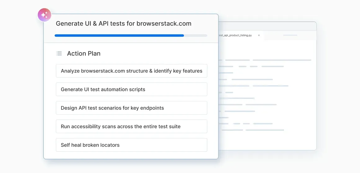 A user interface mockup showing a floating AI task window over a blurred code editor
