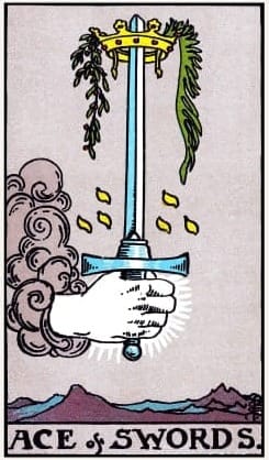 A hand emerges from clouds holding a sword straight upright over a mountain landscape. A crown is over the sword's tip, and a victory garland and olive branch hang over each side. 