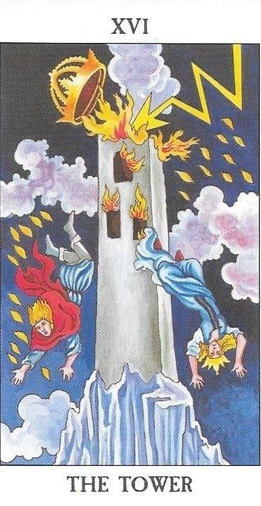 A tower struck by lightning and on fire with a dark and cloudy sky in the background. Two people are falling in mid-ai