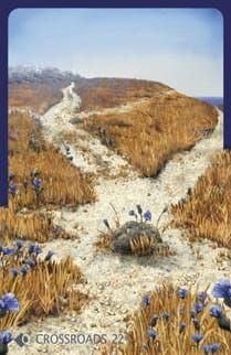 A landscape of sand and dune grass, with a blue sky above, shows intersecting paths with a stone at the center.