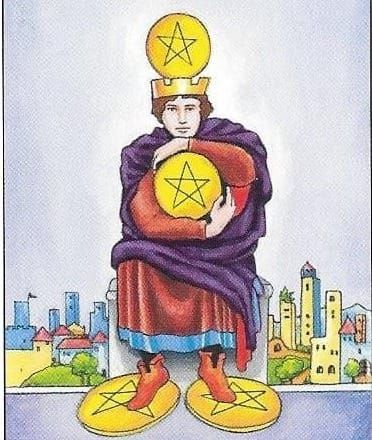 A crowned figure sits with one pentacle on his head, one in his arms, and one under each foot, with a city in the background.