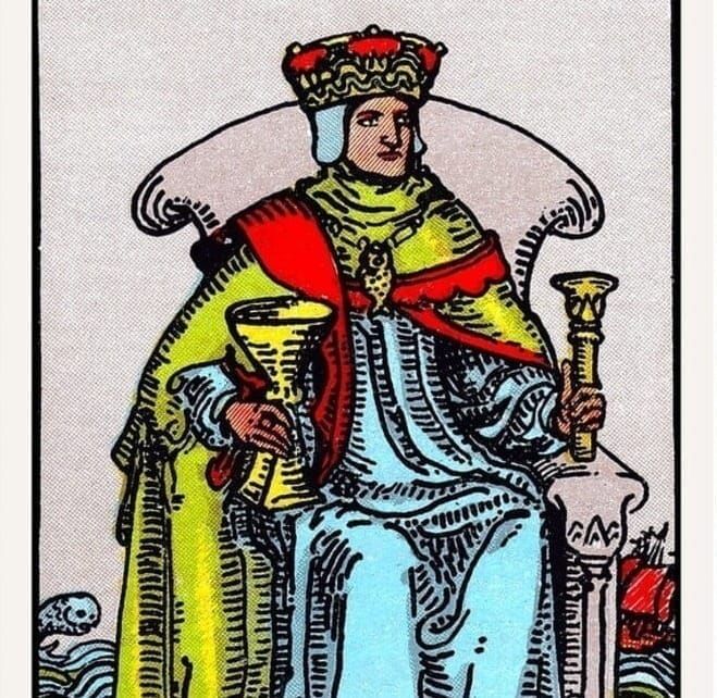 The king sits holding a cup in one hand and a scepter in the other. Waves and a ship are in the background.
