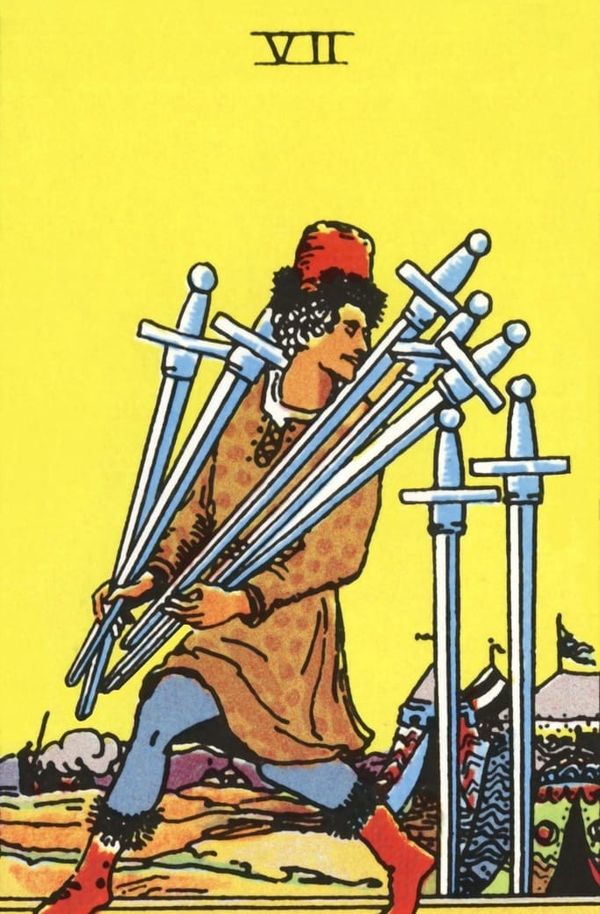 A person tiptoes away from a group of tents carrying 5 swords and with 2 upright and driven into the ground behind them.