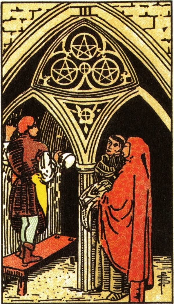 3 people stand under a church archway, one standing on a bench, looking at scrolls.