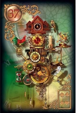 A collection of clocks and other time-measuring devices with birds perched among them. The background images are also shadows of clock faces.