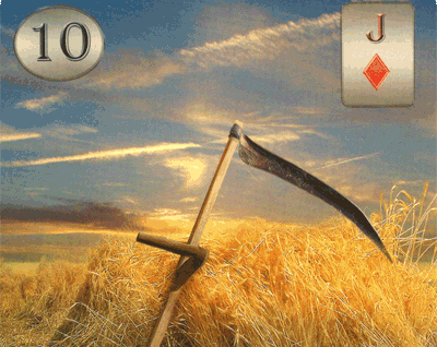 A scythe with a wooden handle stands diagonally in front of a pile of harvested grain. The sky above has both sunshine and clouds.