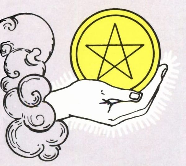 A hand emerges from a cloud holding a large pentacle, or coin, with a 5-pointed star on it. 