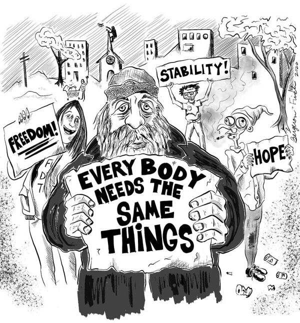 Illustration of a person in the foreground with a sign reading "Everybody Needs The Same Things." Figures in the background hold signs reading "Freedom," "Stability" and "Hope.