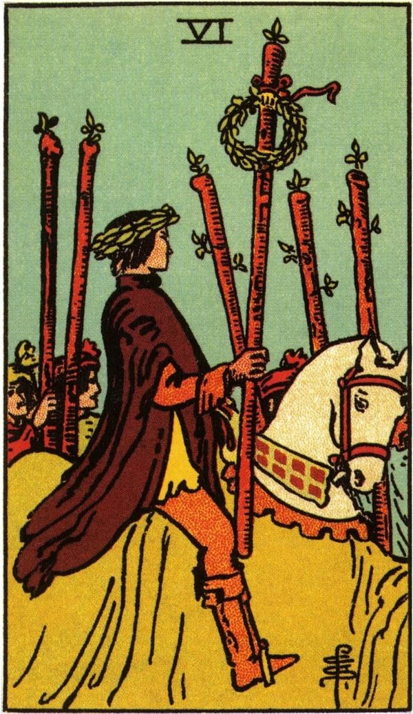A figure wearing a wreath and holding one wand sits on a horse with 5 other wands and an audience behind them.
