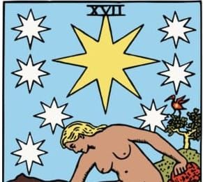 A figure crouches over with a large yellow star and smaller white stars above their head, and the roman numeral XVII.