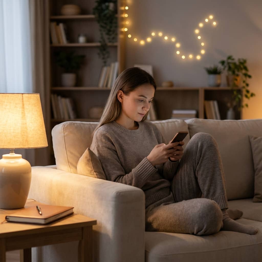 Woman sitting on the coach with a phone in her hands