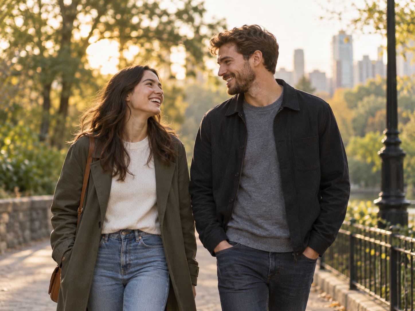 Happy couple walking together in the park showing real connection beyond physical attraction