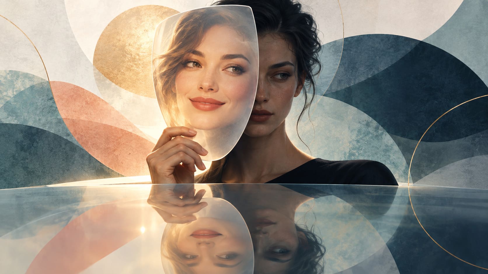 Woman holding a mask symbolizing a fake identity in online dating