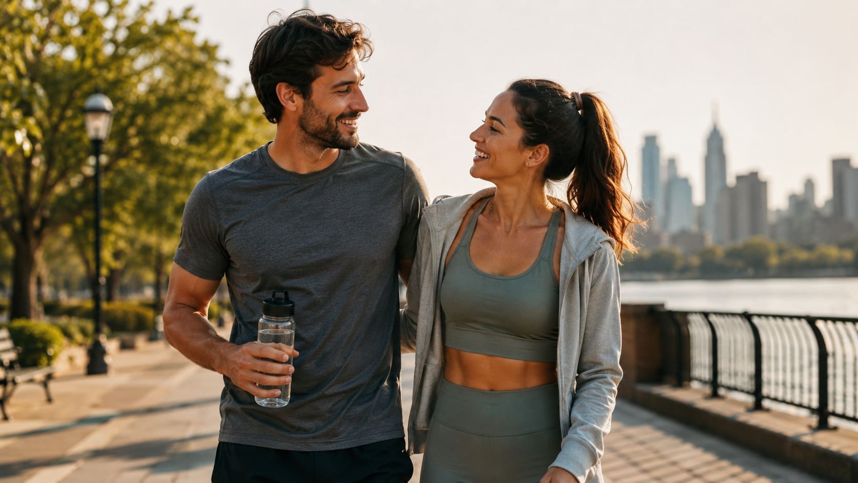 Active couple walking together outdoors, illustrating fun and fit dating preferences