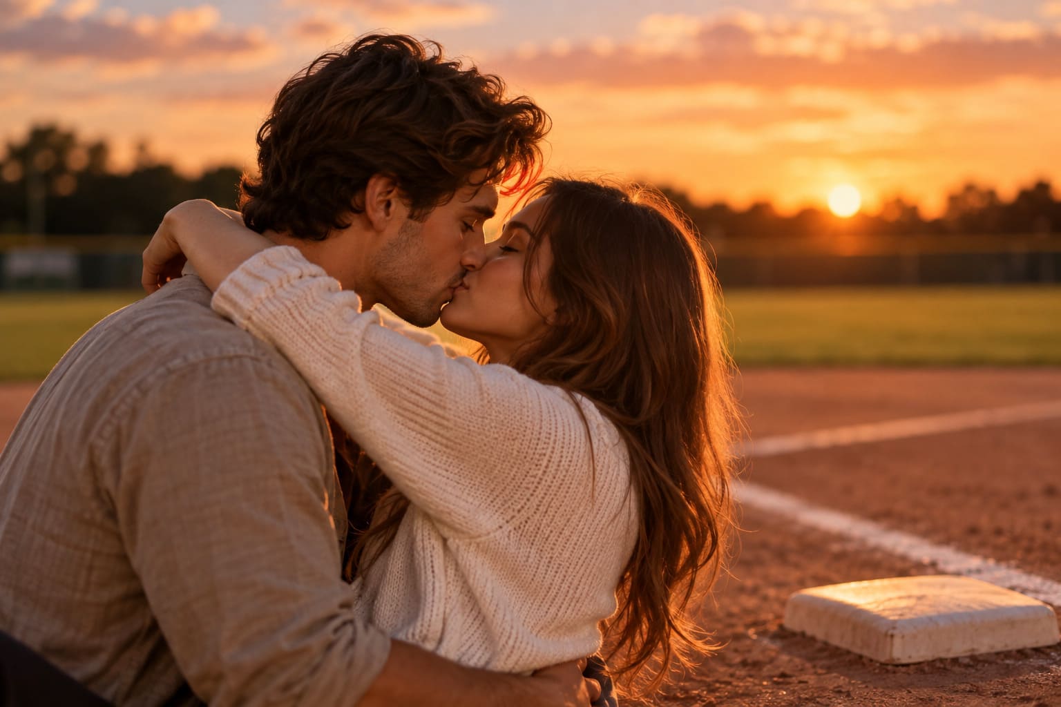 Couple kissing on a baseball field, representing first base in dating