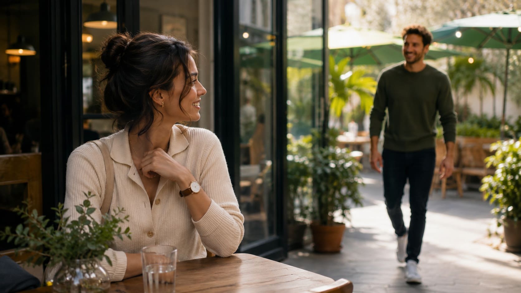 Woman smiling as a man approaches for a first date at a cafe