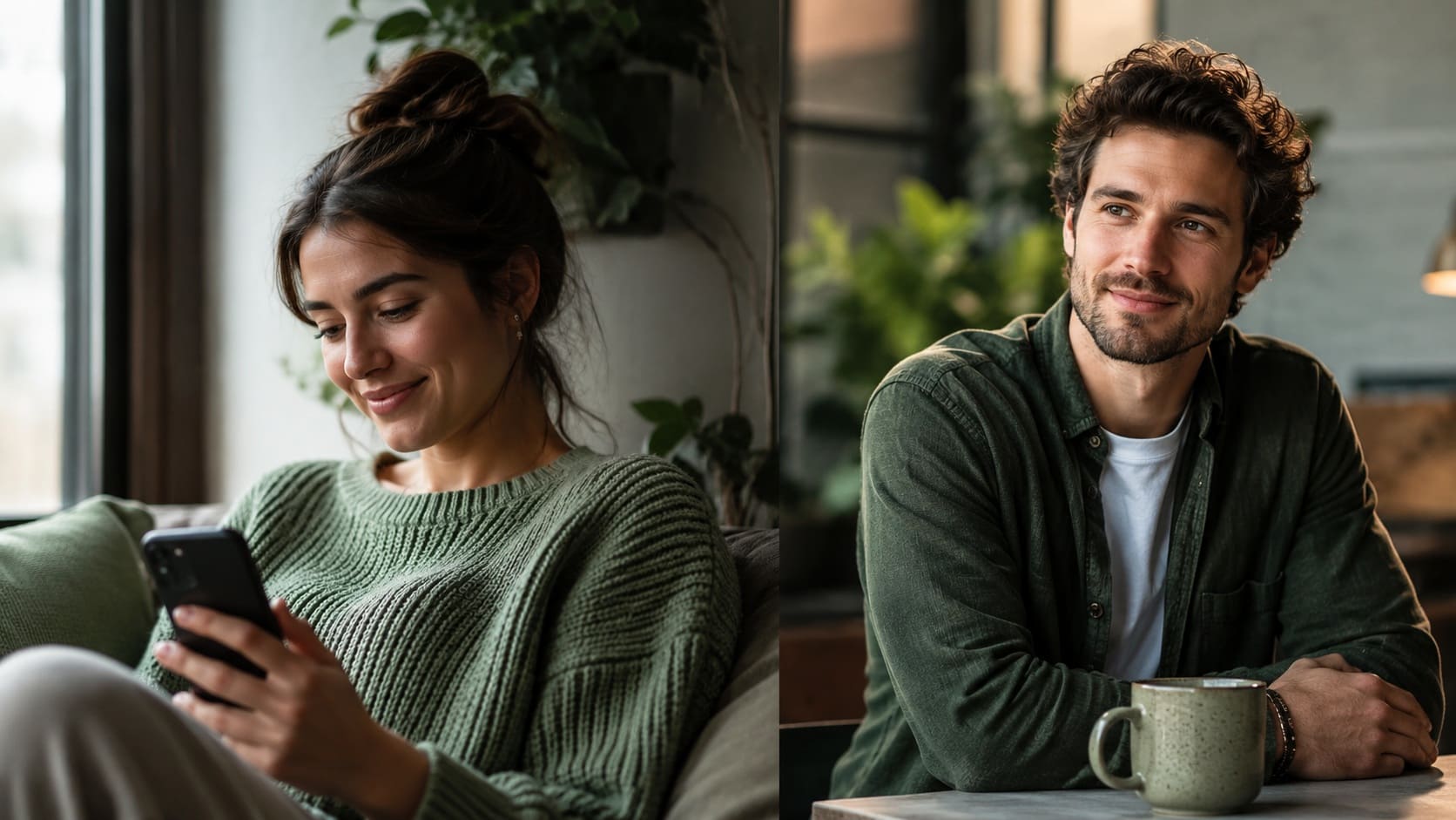 Woman messaging on a dating app while a man waits at a cafe