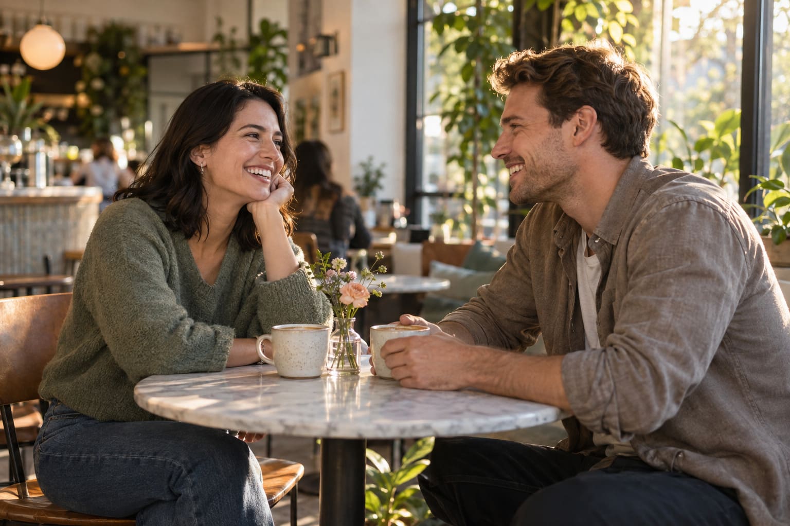Man and woman smiling at each other over coffee during a date at a sunny café