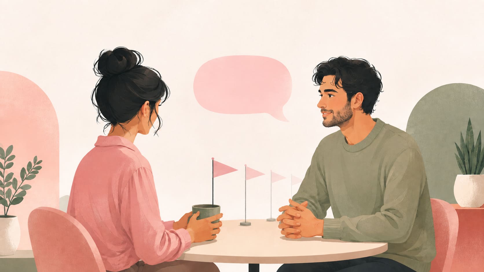 Couple calmly discussing a pink flag during a date