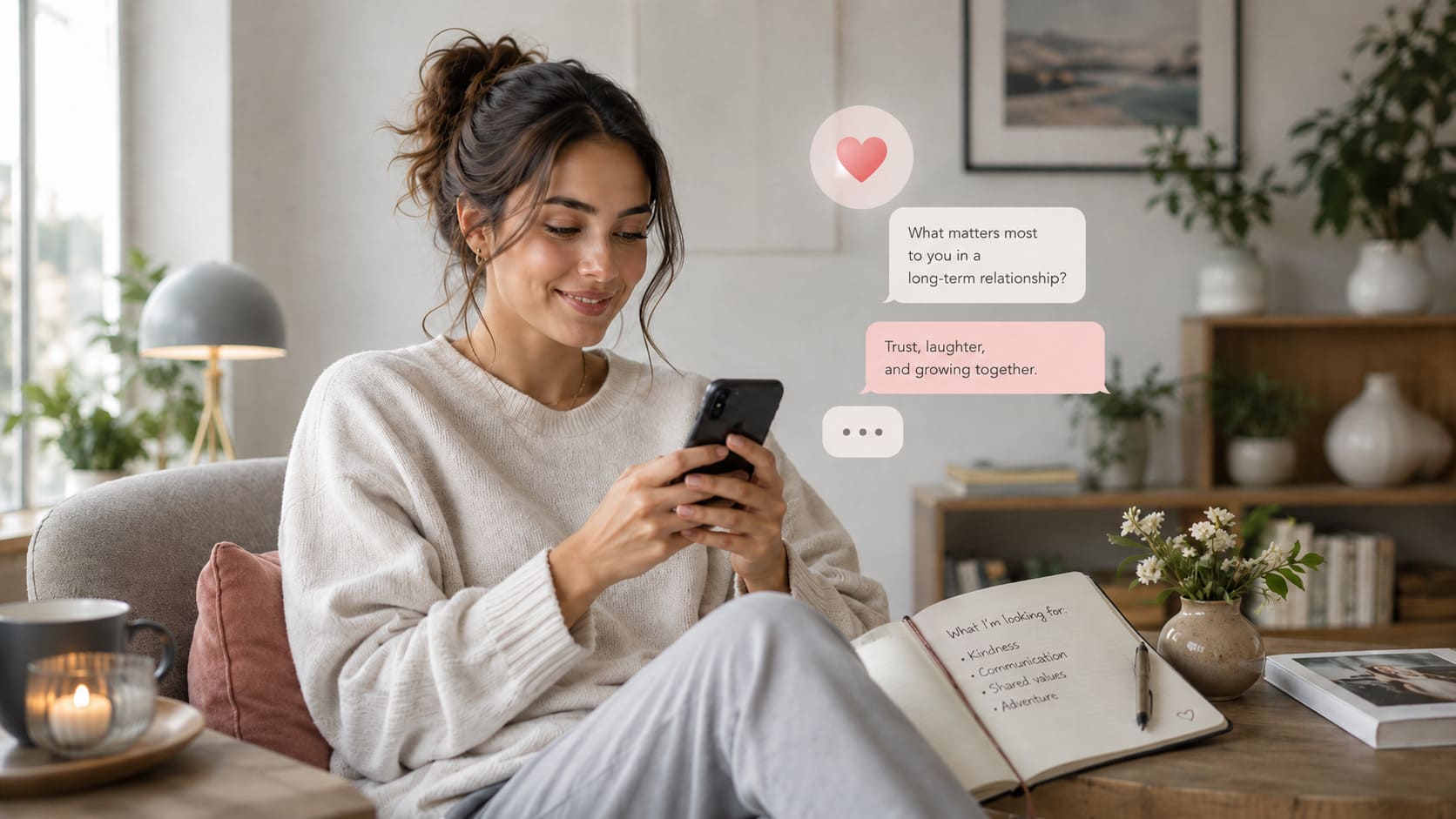 Woman discussing long-term relationship goals in a dating chat