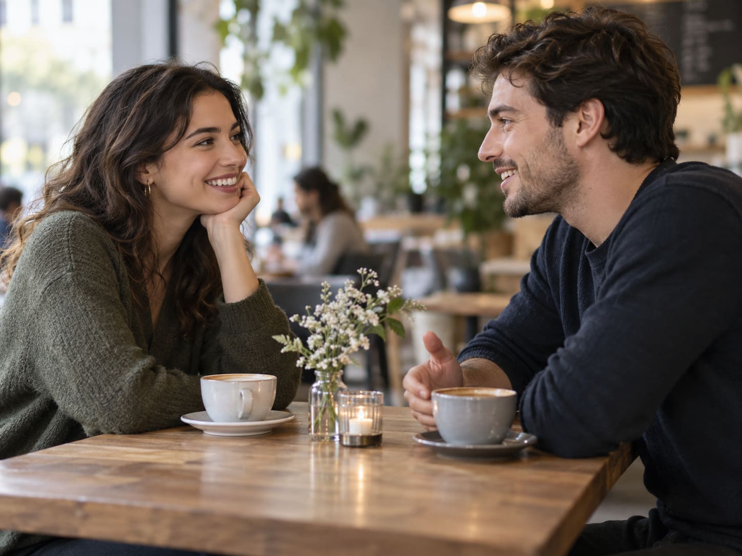 Man and woman having a warm conversation in a cafe after matching on a dating app