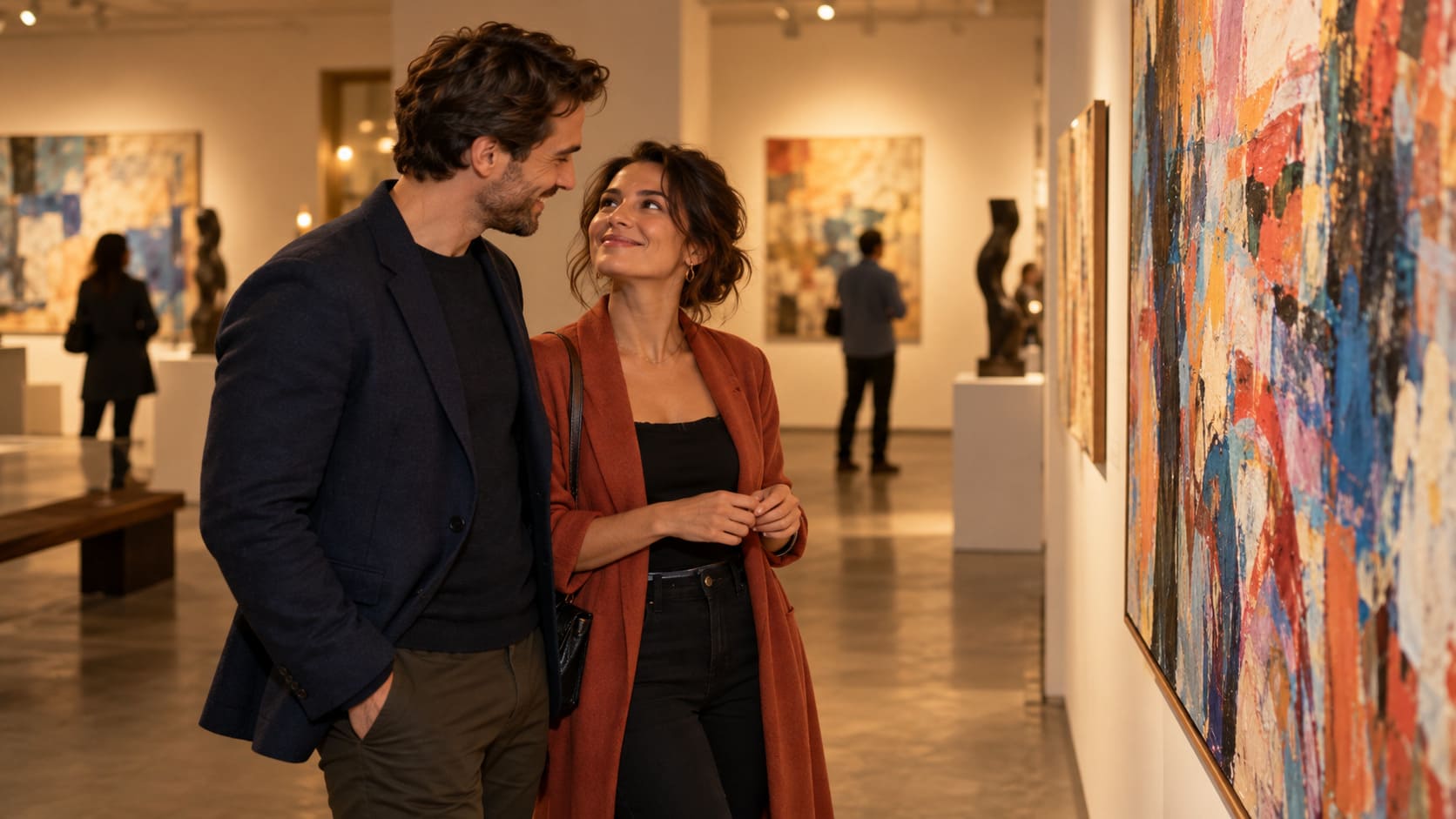 Couple smiling at each other during a date at an art gallery.
