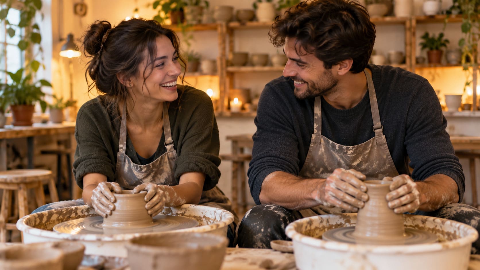 Couple enjoying a pottery class as a creative first date activity